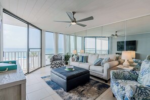 Condo, 1 King Bed with Sofa bed, Kitchen, Ocean View (Beachfront Days) | Living area | 50-inch flat-screen TV with digital channels - Beachfront Days Ocean View Condo Bliss (Panama City Beach)