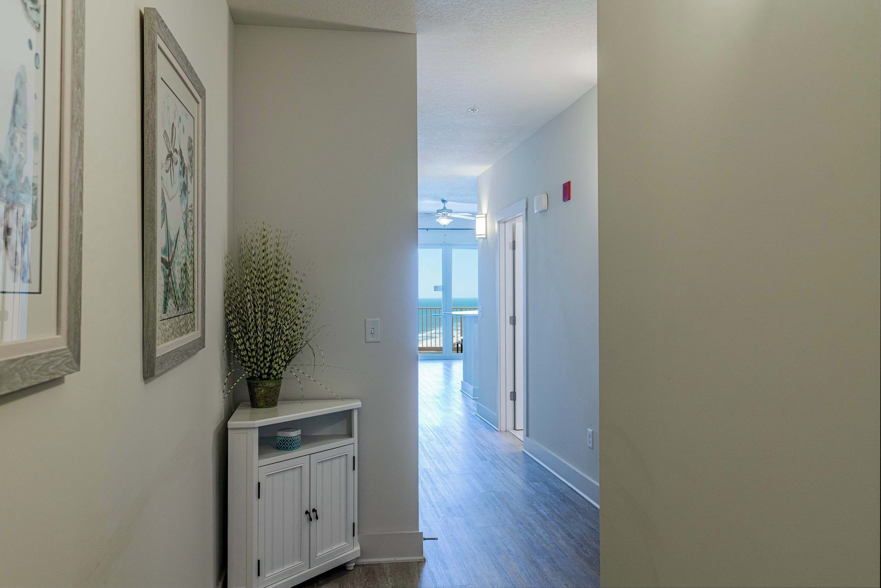 A hallway with a white cabinet, framed artwork, and a potted plant. It leads to a balcony with a view.