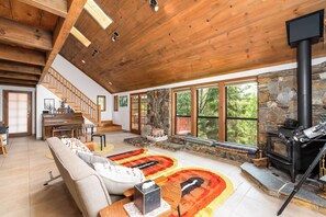 House, Multiple Beds, Pool Access, Mountain View (Happy Days Retreat) | Living area | 65-inch flat-screen TV with digital channels, fireplace - Happy Days Retreat With Private Pool! (Wishon)