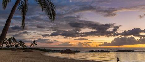 Una playa con palmeras, una sombrilla de paja y un mar tranquilo al atardecer.