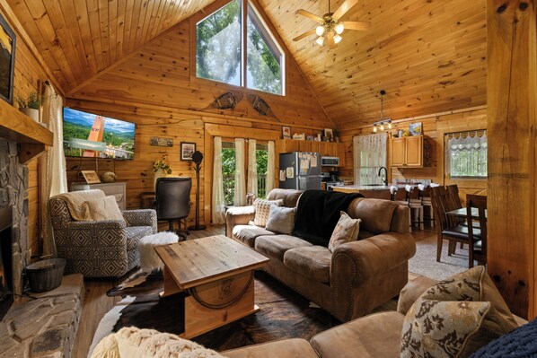 Cabin, Multiple Beds, Hot Tub (Little Lake Lookout) | Living area | 42-inch flat-screen TV with digital channels, fireplace - Newly Renovated Cabin w/ Hot Tub, Lake & Bbq! (Sevierville)