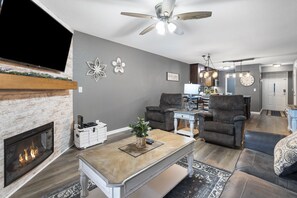 Condo, Multiple Beds, Balcony (Pemby's Place) | Living area | 42-inch flat-screen TV with digital channels, fireplace