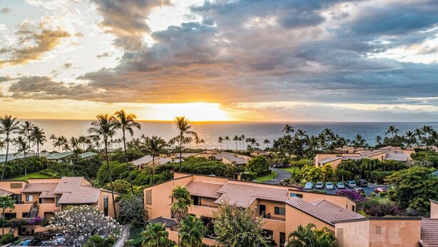 A coastal residential area with houses, palm trees, and a sunset view. - Gorgeous Expansive Condo in Wailea with HUGE Lanai & Ocean Views (Kihei)