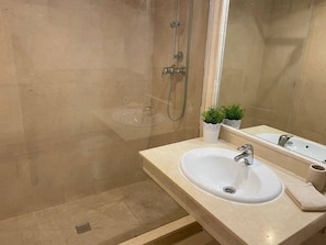 Shower, hair dryer, towels