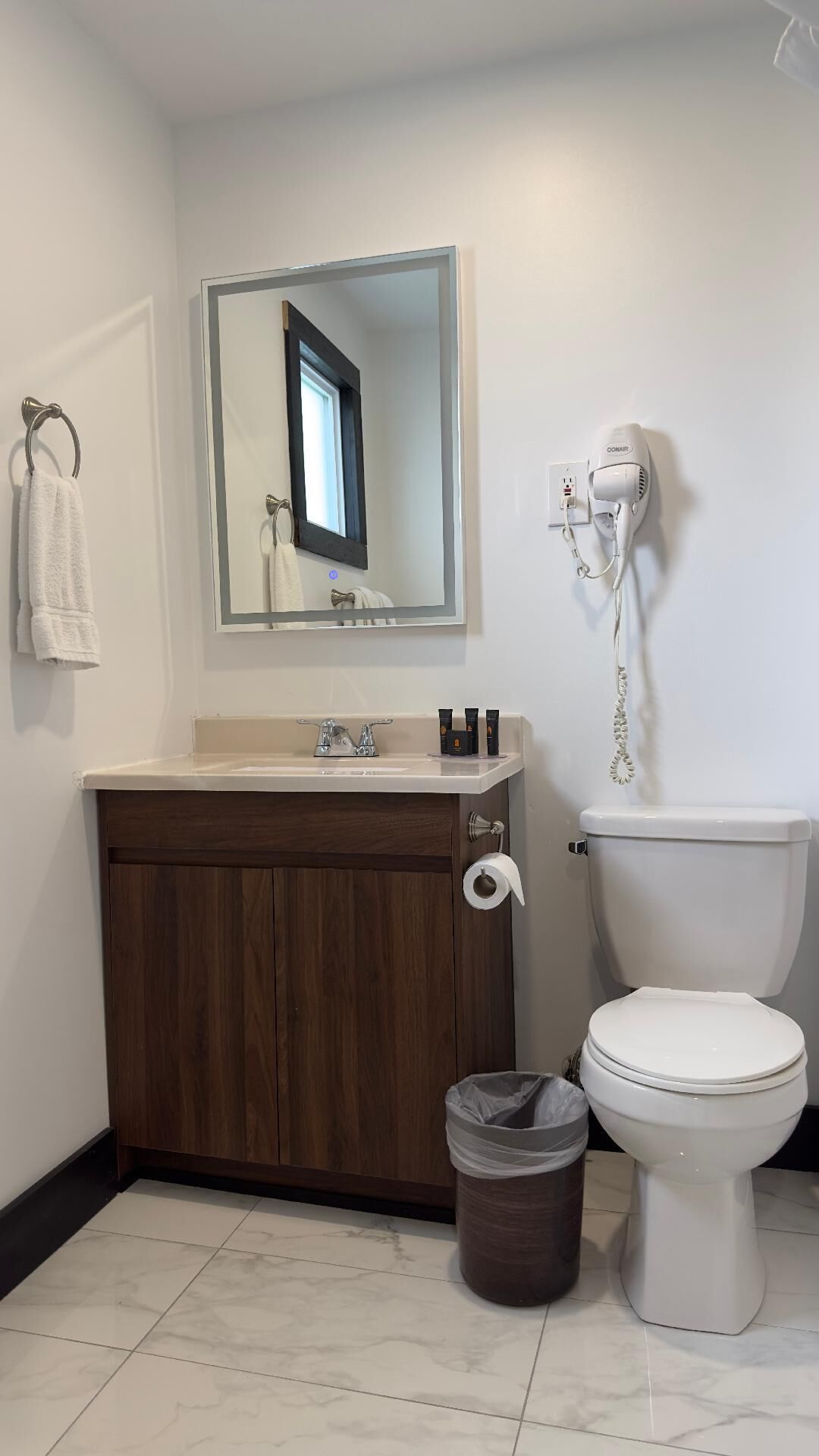 Ein Badezimmer mit einem Holzkosmetikschrank, einer Toilette, einem Fön und einem Mülleimer.