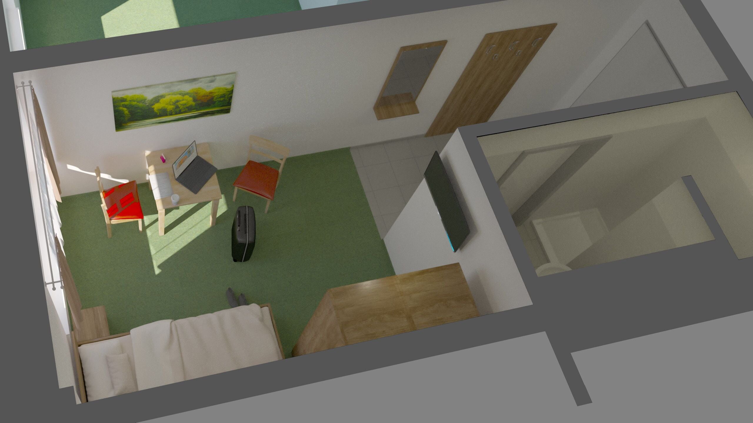 Una habitación con una cama, un escritorio, una silla, una maleta y un cuadro en la pared.