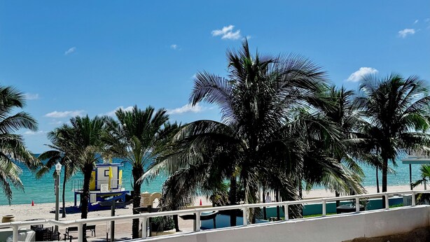 Una playa con palmeras, una torre de salvavidas y un cielo azul despejado.