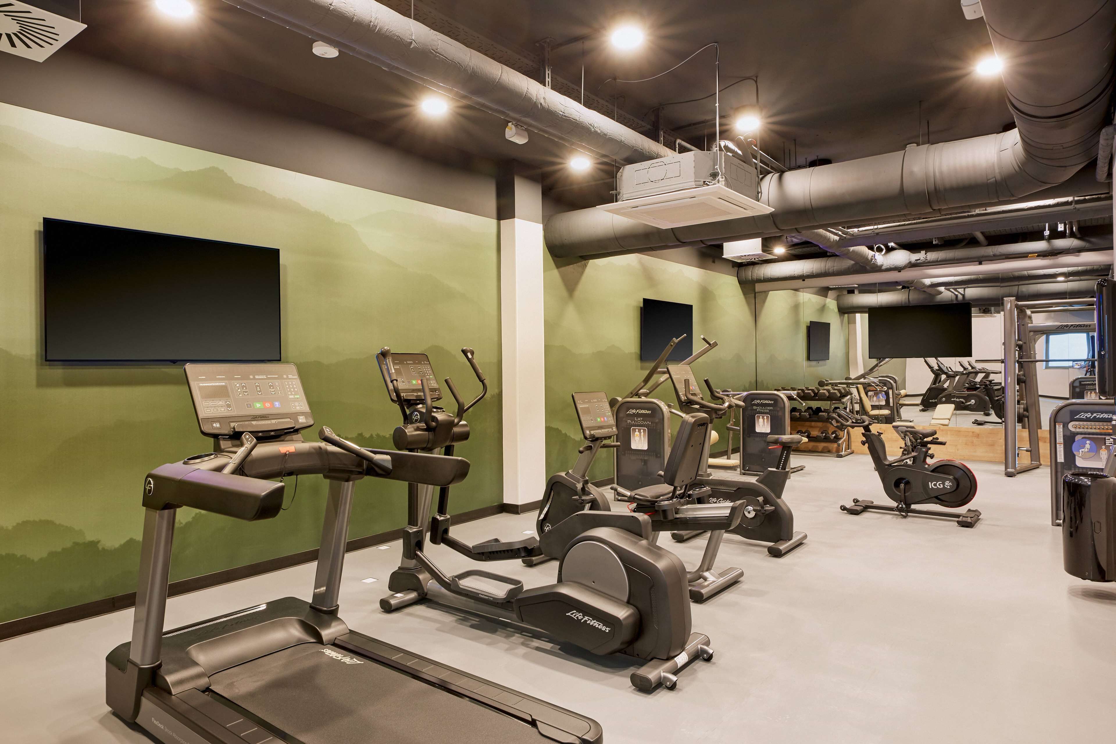 A gym with treadmills, stationary bikes, and weight machines.