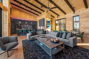 Smart TV, fireplace, DVD player, books