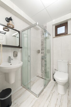 Basic Double Room, 1 Queen Bed, Non Smoking, Garden View | Bathroom | Shower, hair dryer, towels, soap - K Bozcaada (Bozcaada)