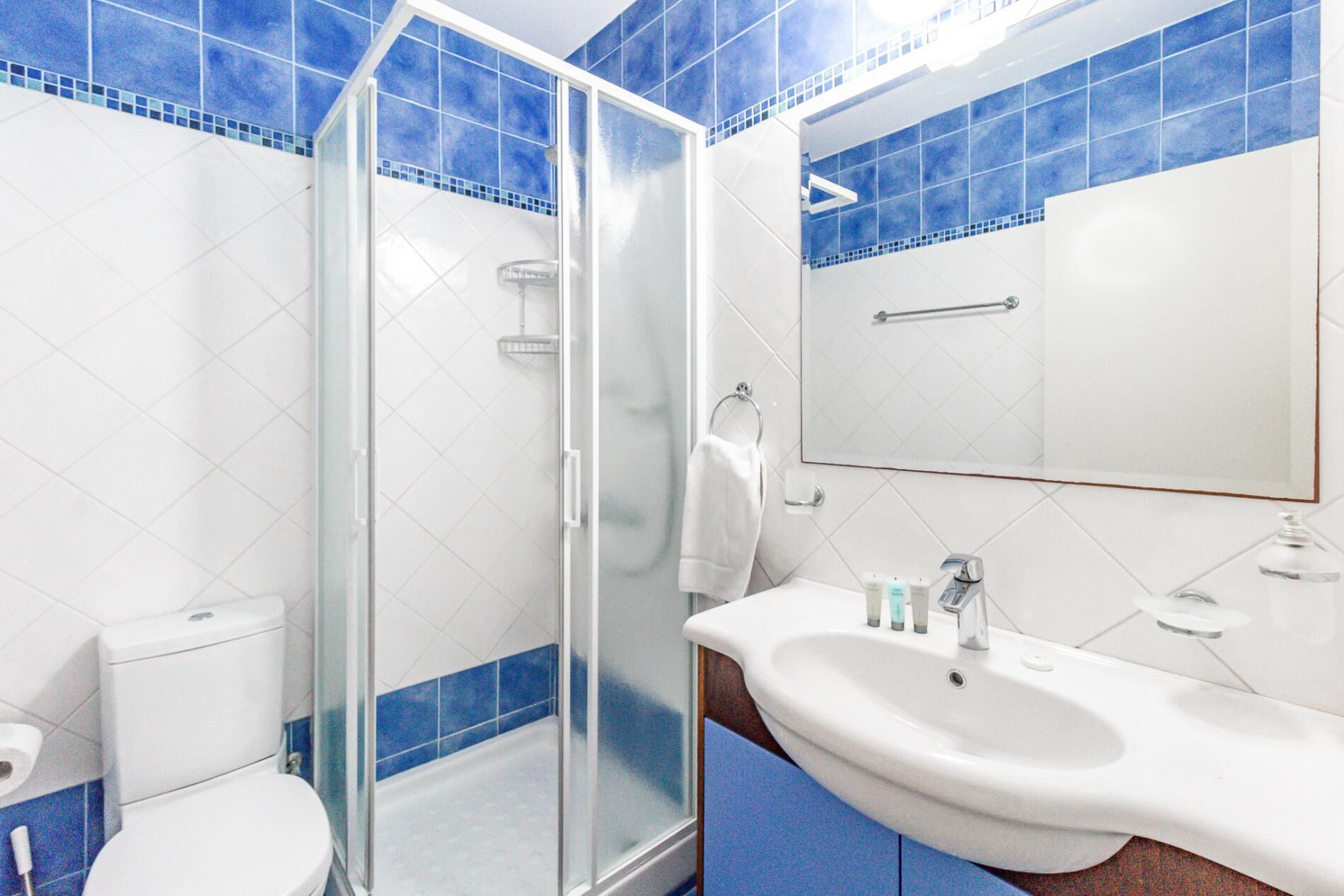 A bathroom with a glass shower enclosure, a white sink, and a mirror.
