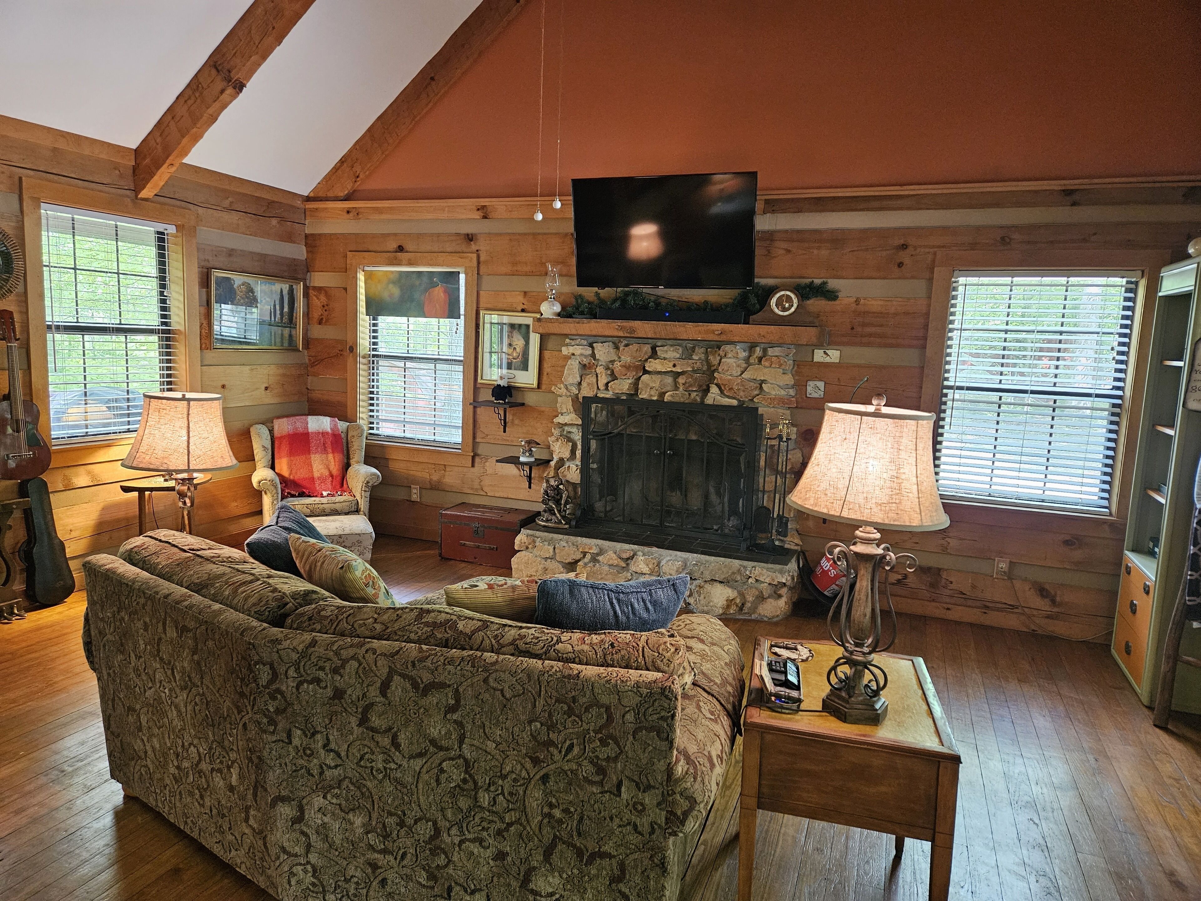 Smart-TV, Kamin, Bücher, Musikbibliothek