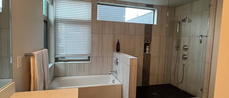 Shower, hair dryer, towels, soap