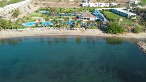 An aerial view of a resort with multiple swimming pools, a beach, and a thatched-roof building.