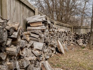 Firewood is neatly stacked against a fence, ready for use in the fireplace.
