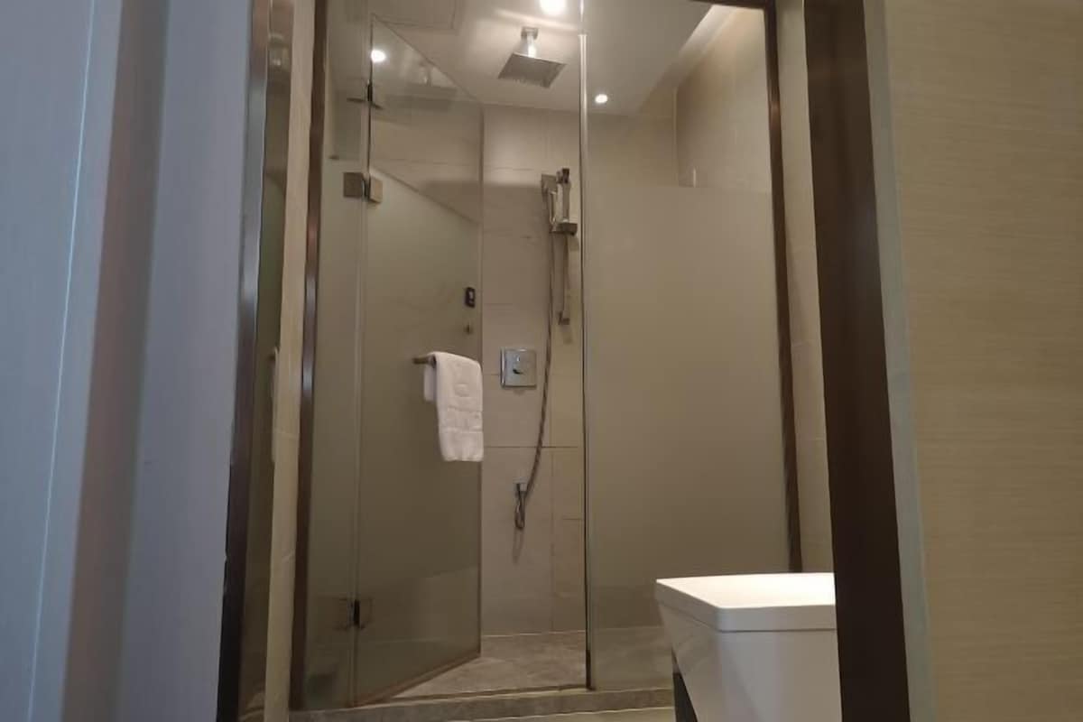 A modern bathroom with a glass-enclosed shower, a white toilet, and a visible towel rack.