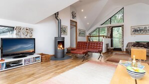 Ein modernes Wohnzimmer mit Kamin, Fernseher und bequemen Sitzmöglichkeiten.