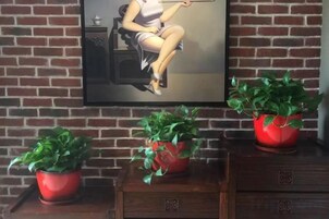 Pared de ladrillo con un cuadro enmarcado de una mujer, tres macetas rojas con plantas y un mueble de madera con cajones.