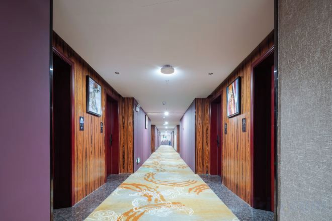 A hotel hallway with wooden doors, a patterned carpet, and framed pictures on the walls.