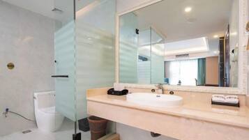 A modern bathroom with a glass shower enclosure, a white sink, and a large mirror.