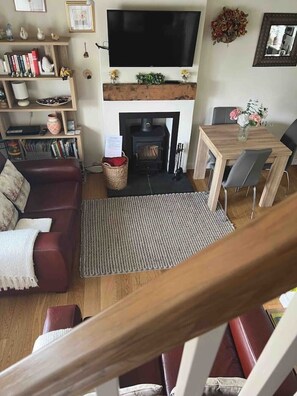 Una Smart TV, un reproductor de DVD, libros