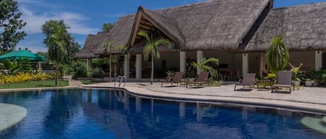 Outdoor pool, sun loungers