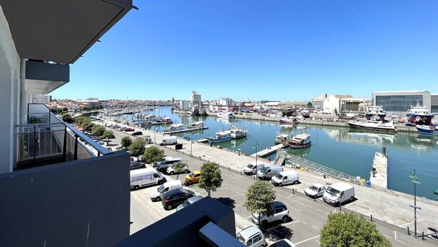 Uma marina com barcos atracados, céu limpo e vista de edifícios ao fundo.