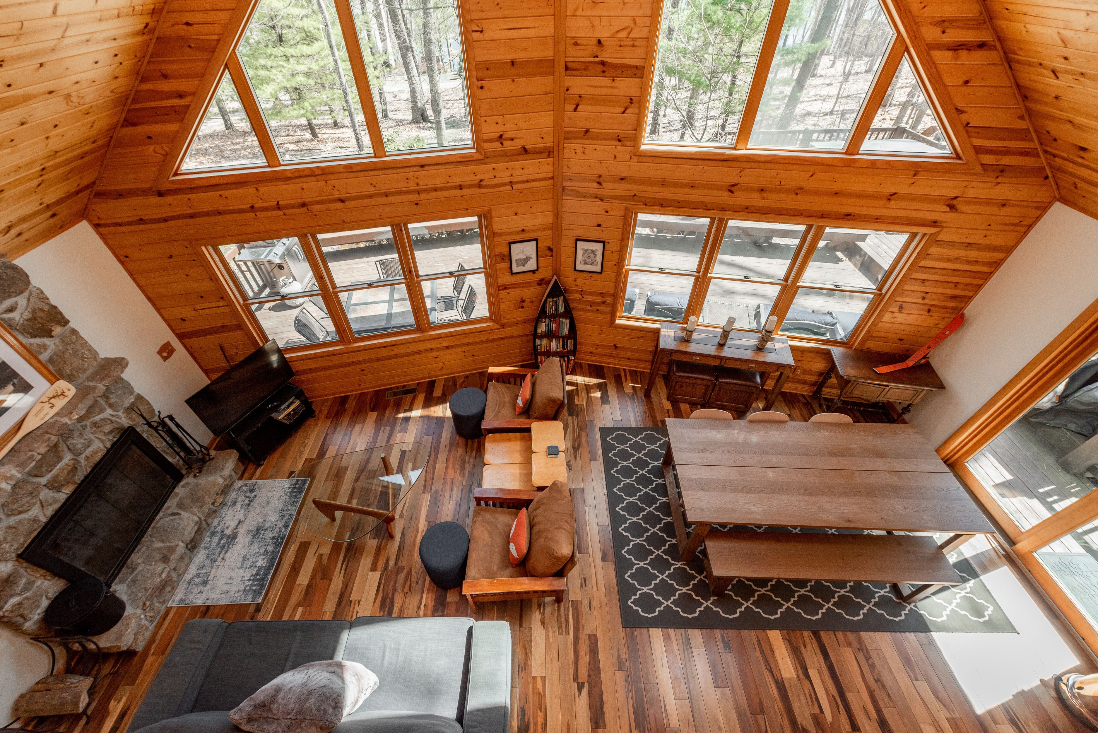 Smart TV, fireplace, DVD player, books