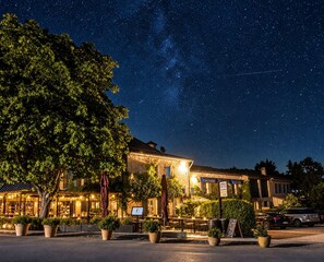 A restaurant with outdoor seating under a starry sky, surrounded by trees. - Hotel Le Provence - Restaurant Le Styx (La Palud-sur-Verdon)
