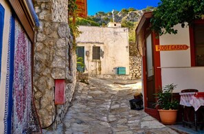 A narrow stone-paved alley with a building labeled "ROOF GARDEN" on the right. - Evaggelia s Private House in Fanes Rhodes (Rhodes)
