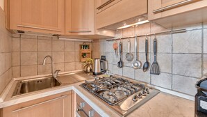 Una cocina moderna con armarios de madera, un lavaplatos de acero inoxidable y una estufa a gas.