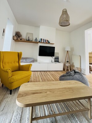 Télévision, cheminée, livres