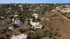 An aerial view of a residential area with houses, olive groves, and a clear sky.