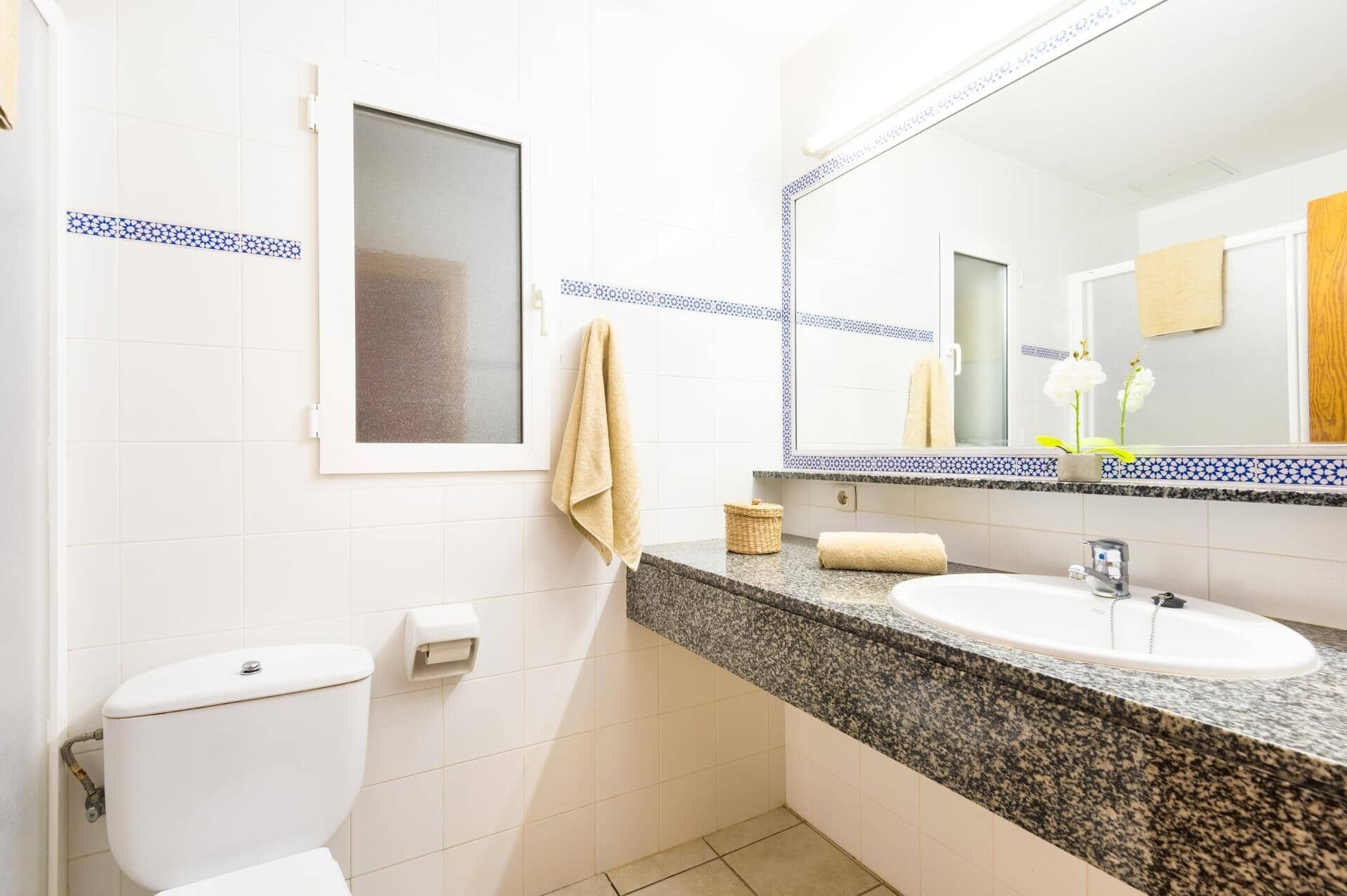 Een badkamer met toilet, wastafel, spiegel en decoratieve tegels.