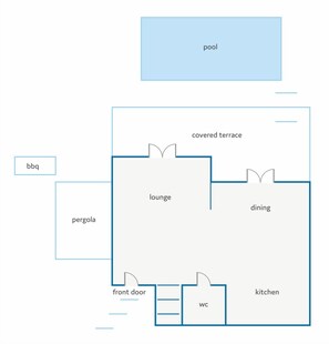 A floor plan with a pool, covered terrace, lounge, dining, kitchen, WC, front door, and a pergola.