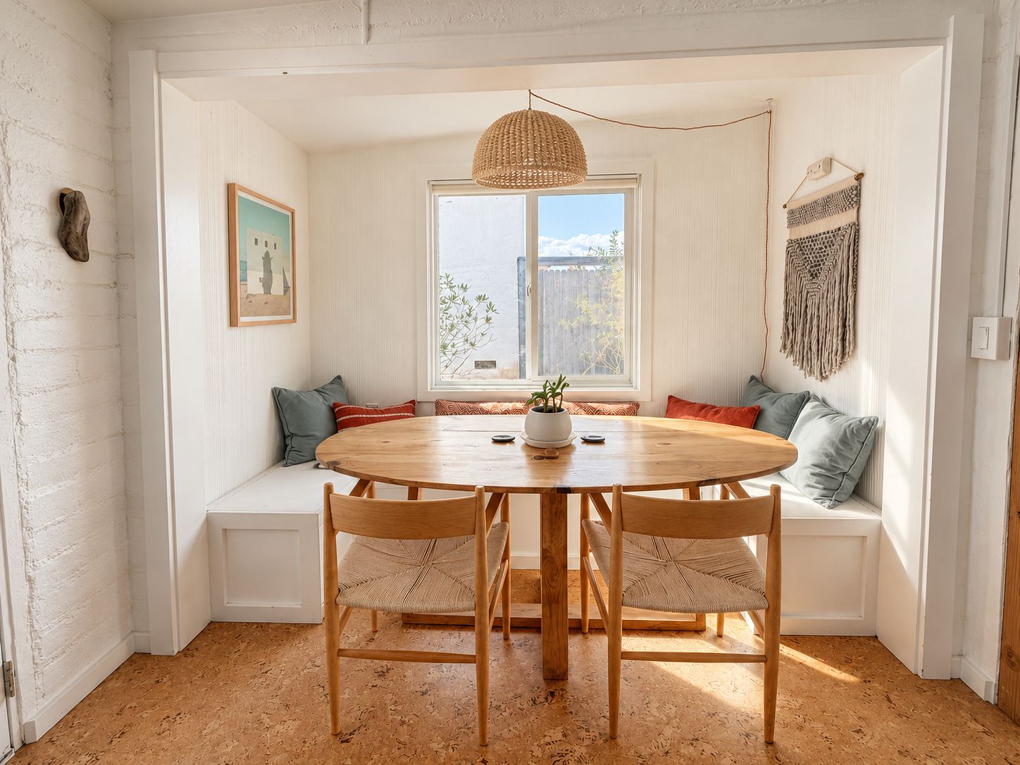 A dining area with a round wooden table, two chairs, a woven pendant light, and a view of the outdoors through a window.