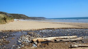 Una playa con piedras y madera a la orilla, cielo despejado y colinas a lo lejos.