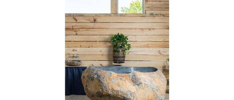 Un lavabo de piedra rústico con una planta en maceta sobre una pared de madera.