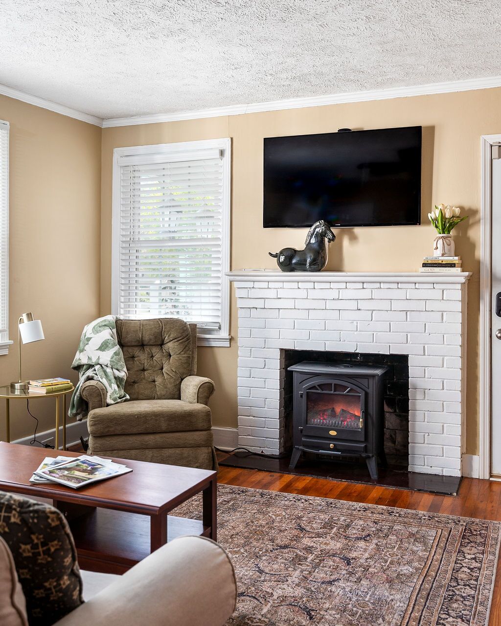 Smart TV, fireplace, DVD player, books