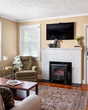 Smart TV, fireplace, DVD player, books