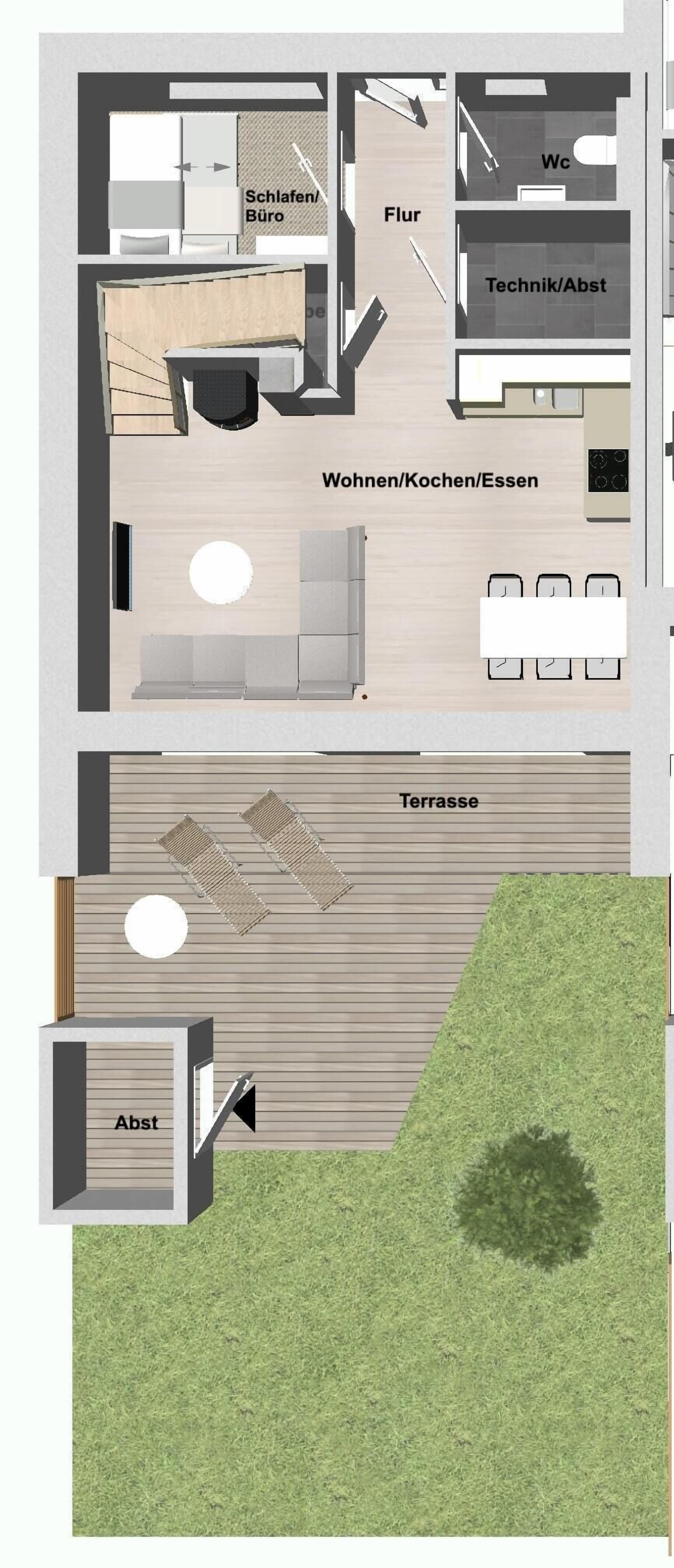 A floor plan of a hotel with a living area, kitchen, bathroom, and terrace.