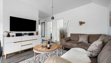 Fernseher, Kamin, Videothek, Stereoanlage