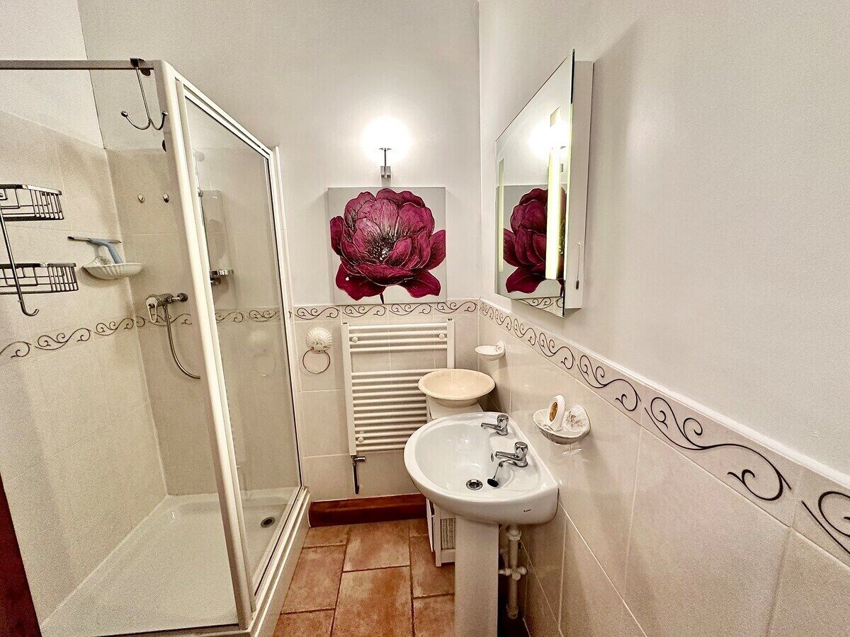 Een badkamer met een douchecabine van glas, een wastafel, een toilet en een grote spiegel.
