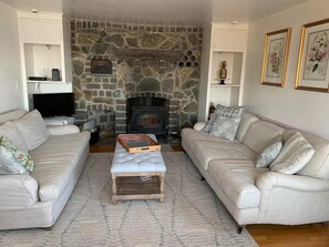 智能电视、壁炉、书、立体声音响