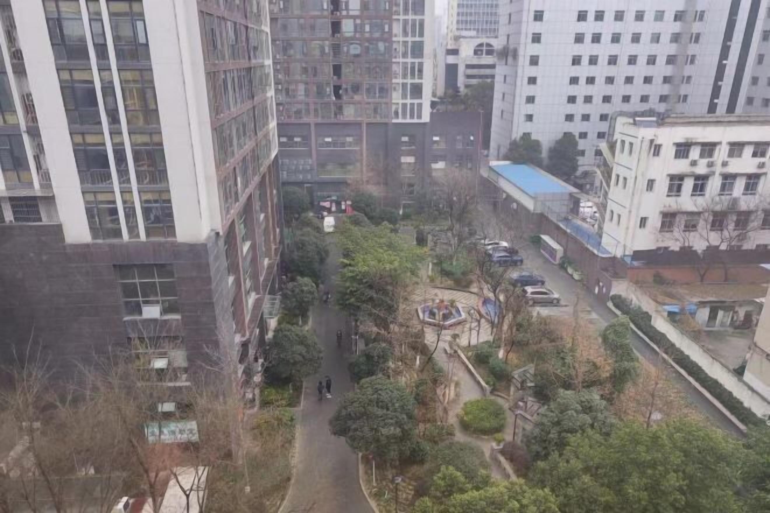 Un edificio de gran altura con varios pisos, rodeado de vegetación y algunos coches estacionados.