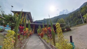 A pathway leading to a building with a sloped roof, surrounded by various plants and a mountainous backdrop.