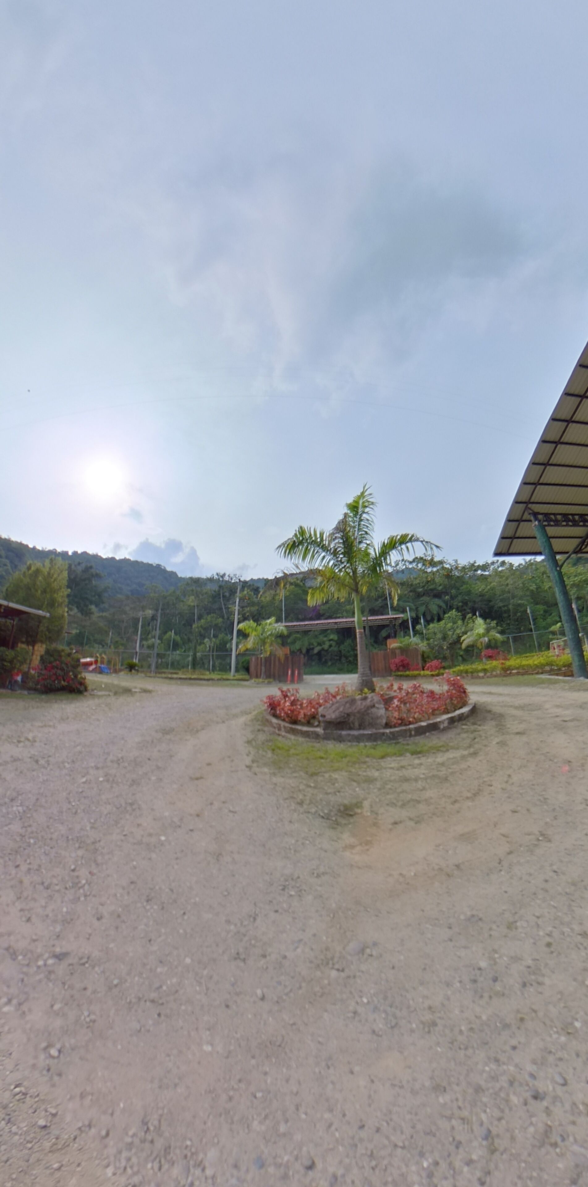 A gravel courtyard with a palm tree, a building with a curved roof, and a mountainous background.