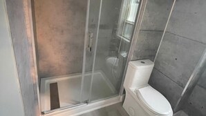 Une salle de bain moderne avec une douche à parois de verre, des toilettes et un sol en béton.