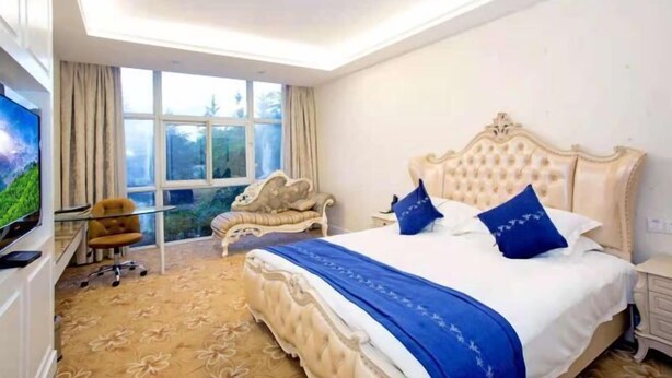 Une chambre à coucher avec un grand lit, une télévision et une fenêtre avec des rideaux.