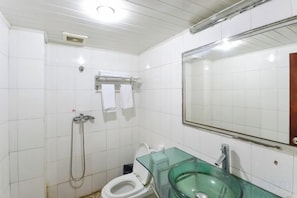 Ein Badezimmer mit Toilette, Waschbecken aus Glas, Spiegel und Dusche.